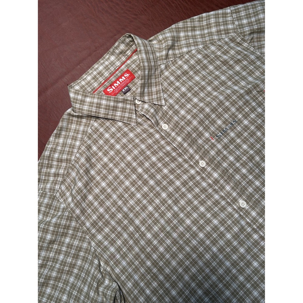 Simms Mens XXL Tan Plaid Short Sleeve Button Down Fishing Shirt 37256